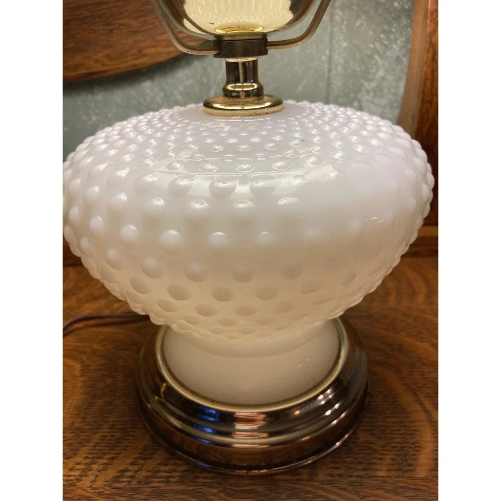 Vintage White Milk Glass Hobnail Hurricane Lamp Electric Table Lamp Mid Century